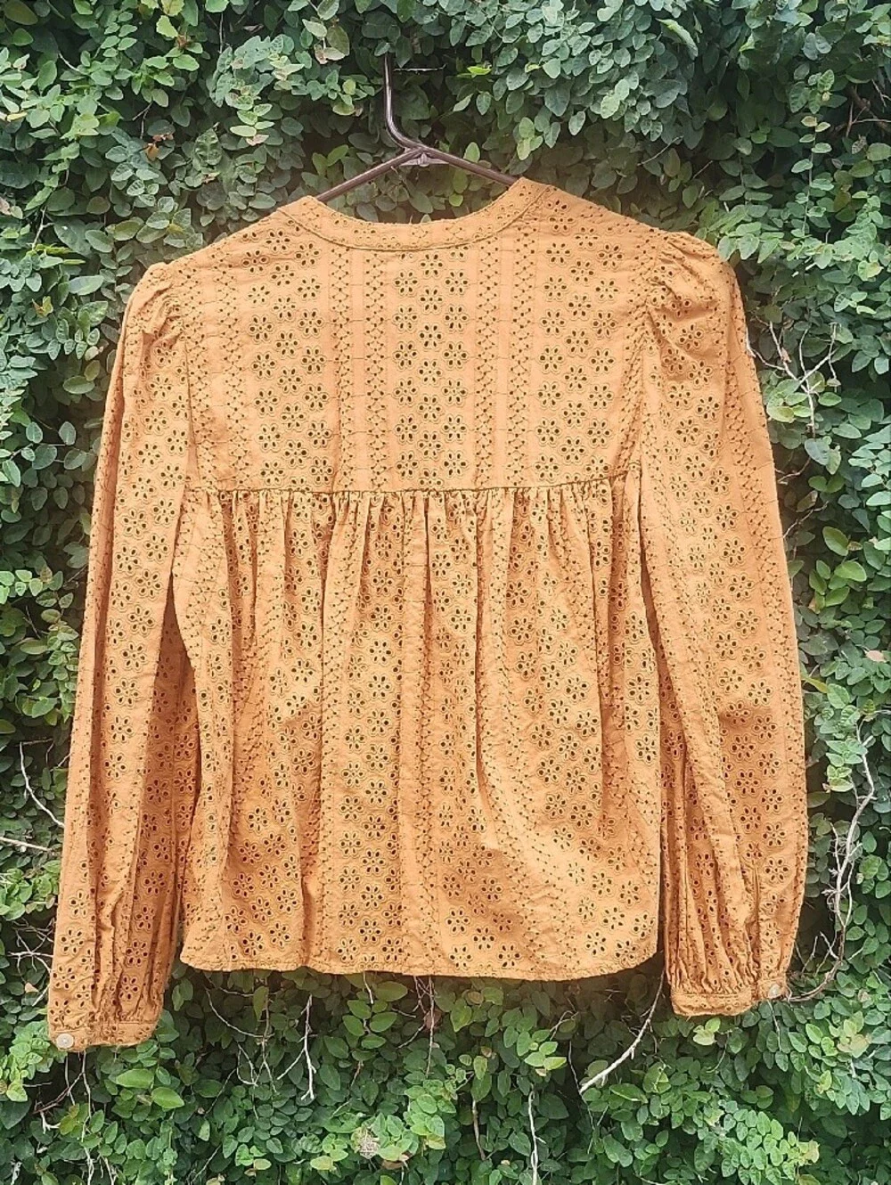 Madewell Burnt Orange Eyelet Peasant Blouse With Tie-Neck Top